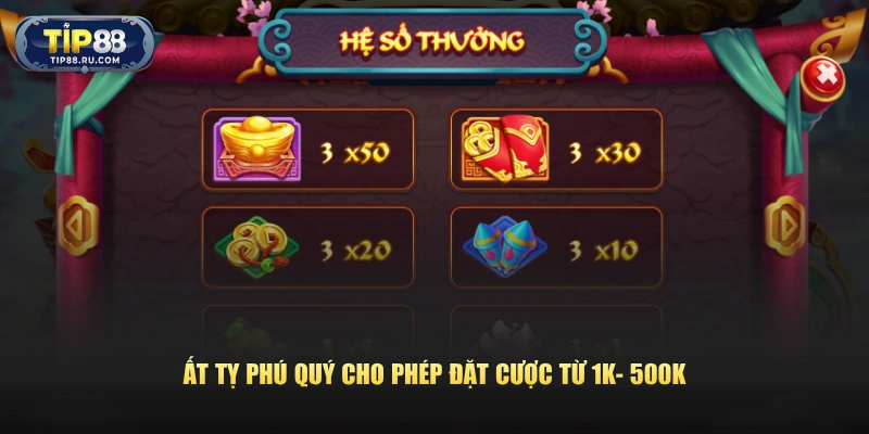 Ất Tỵ Phú Quý cho phép đặt cược từ 1K- 500K