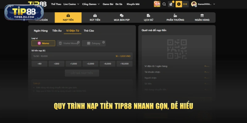 Quy trình nạp tiền TIP88 nhanh gọn, dễ hiểu